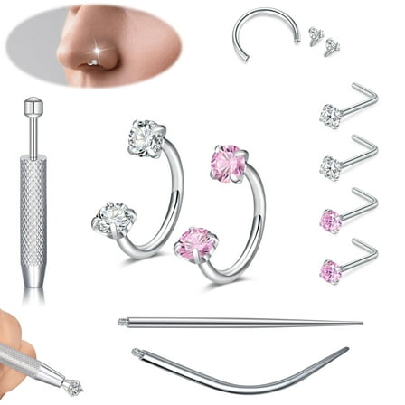 Horseshoe Nose Rings Studs,18G Internally Threaded Surgical Steel Heart Zirconia Nose Ring Studs For Women,Pink and Silver