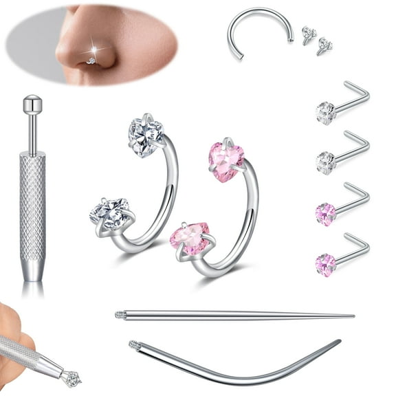 Horseshoe Nose Rings Studs,18G Internally Threaded Surgical Steel Heart Zirconia Nose Ring Studs For Women,Pink and Silver
