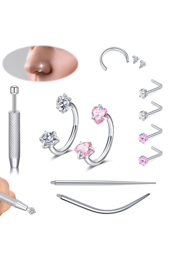 Horseshoe Nose Rings Studs,18G Internally Threaded Surgical Steel Heart Zirconia Nose Ring Studs For Women,Pink and Silver
