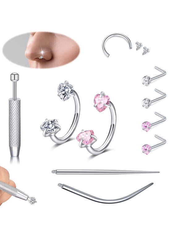 Horseshoe Nose Rings Studs,18G Internally Threaded Surgical Steel Heart Zirconia Nose Ring Studs For Women,Pink and Silver