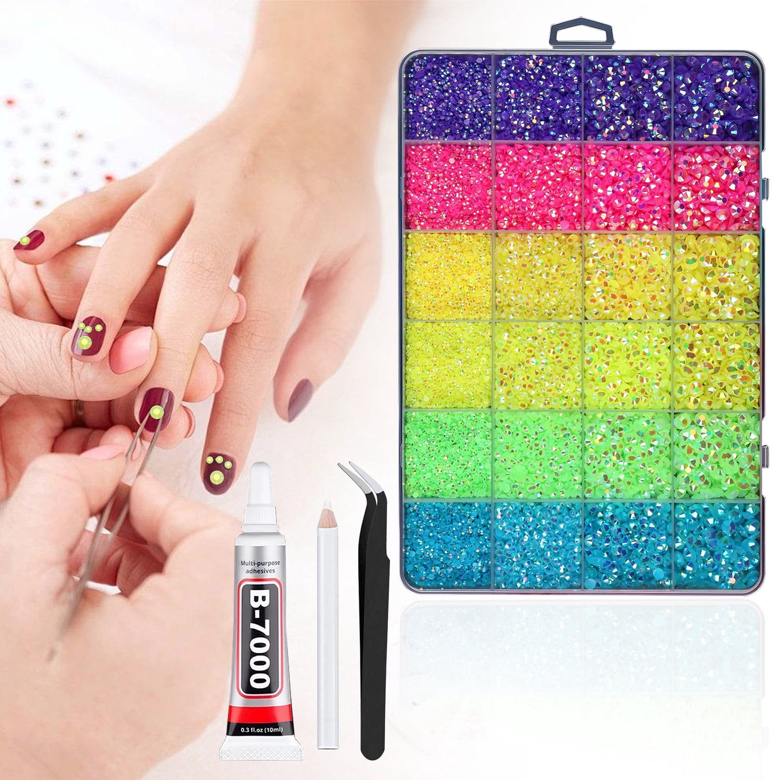 Flat Back Rhinestone Kit,Resin Jelly AB Gemstones Craft Set,Multi Size Crystal Embellishment Kit With Tweezers Pen And Adhesive,DIY Decoration For Clothing Shoes Cases Crafts,24 Grid Storage Box