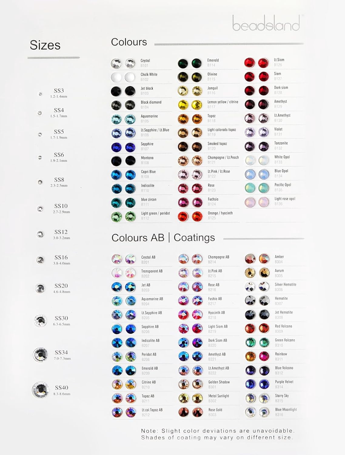 Rhinestone Color Chart