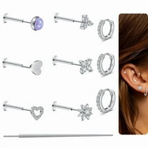 Flat Back Stud Earrings Small Hoop Earrings Set for Sensitive Ears -18G Steel Earrings for Women Men Push in Flatback CZ Cartilage Earring for Multiple Piercing