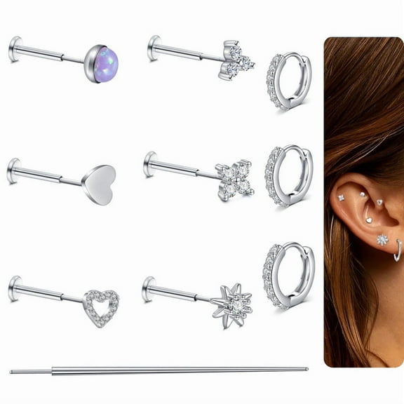 Flat Back Stud Earrings Small Hoop Earrings Set for Sensitive Ears -18G Steel Earrings for Women Men Push in Flatback CZ Cartilage Earring for Multiple Piercing