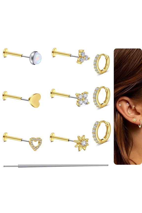 Flat Back Stud Earrings Small Hoop Earrings Set for Sensitive Ears -18G Steel Earrings for Women Men Push in Flatback CZ Cartilage Earring for Multiple Piercing