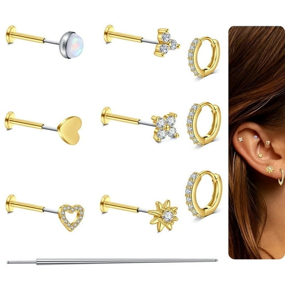 Flat Back Stud Earrings Small Hoop Earrings Set for Sensitive Ears -18G Steel Earrings for Women Men Push in Flatback CZ Cartilage Earring for Multiple Piercing