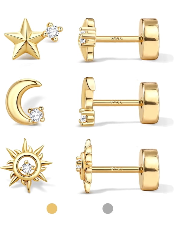 Flat Back Stud Earrings for Women and Men, Hypoallergenic 14k Gold Plated Post Stud Earrings Set, Gold and Silver Earrings with Screw, Ideal for Helix, Tragus, and Cartilage Piercings