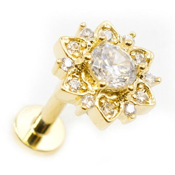 Flat Back Studs Internally Threaded 16g with Paved CZ Flower and Round CZ Center
