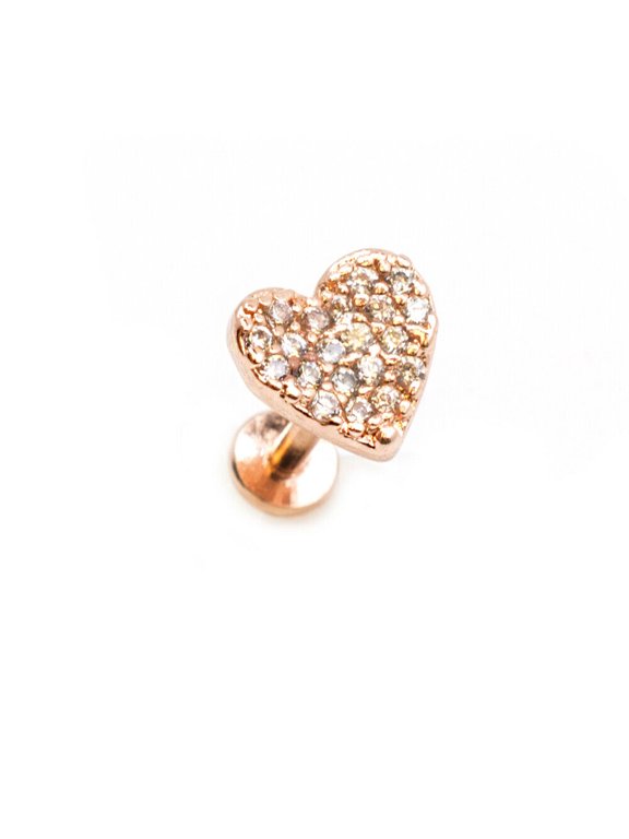 Flat Back Studs with CZ Paved Heart Top Internally Threaded Surgical Steel 16g