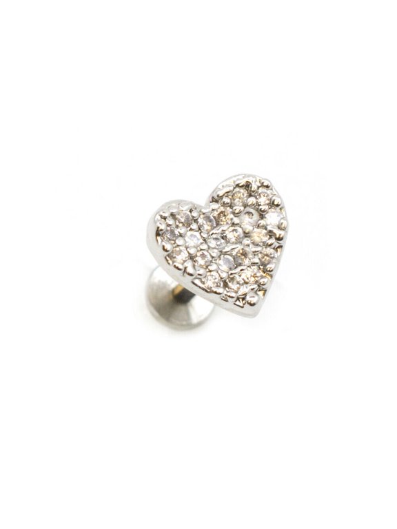Flat Back Studs with CZ Paved Heart Top Internally Threaded Surgical Steel 16g