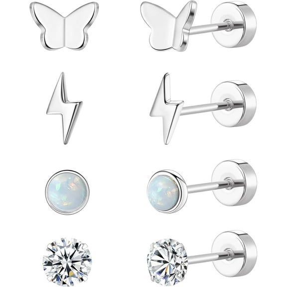 Flat Back Titanium Earrings for Women & Men, 4 Pairs Hypoallergenic Titanium Earrings for Sensitive Ears, Screw Back Cartilage Earrings Set with CZ & Opal