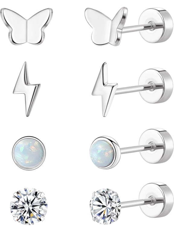 Flat Back Titanium Earrings for Women & Men, 4 Pairs Hypoallergenic Titanium Earrings for Sensitive Ears, Screw Back Cartilage Earrings Set with CZ & Opal
