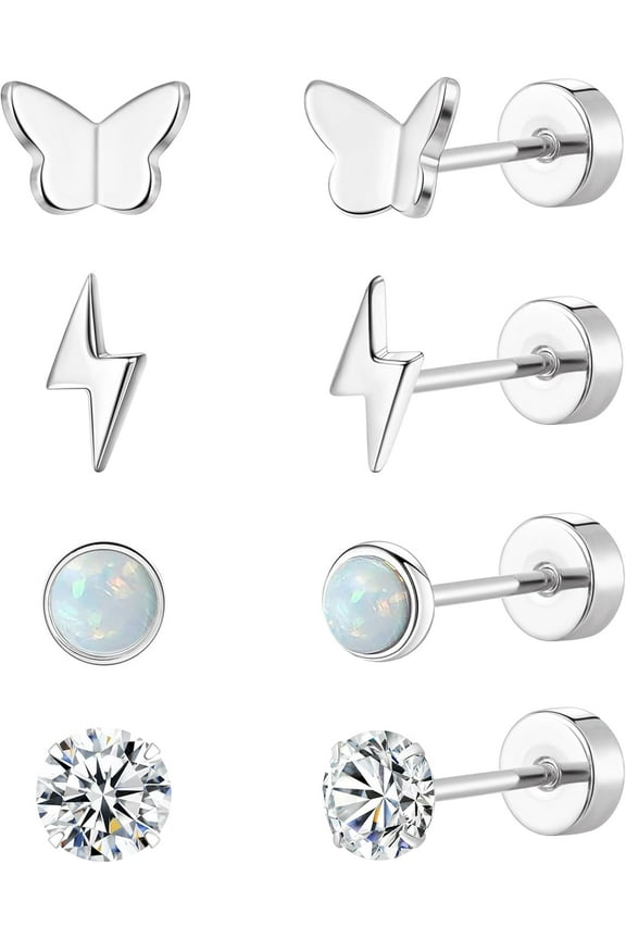 Flat Back Titanium Earrings for Women & Men, 4 Pairs Hypoallergenic Titanium Earrings for Sensitive Ears, Screw Back Cartilage Earrings Set with CZ & Opal