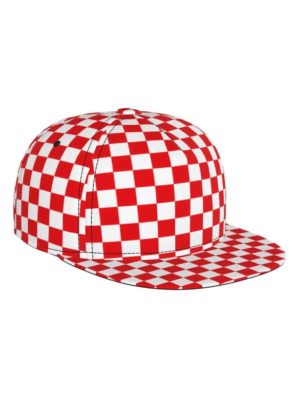 Flat Bill Baseball Cap Red Checkerboard Pattern Hip Hop Snapback Hat for Men Women