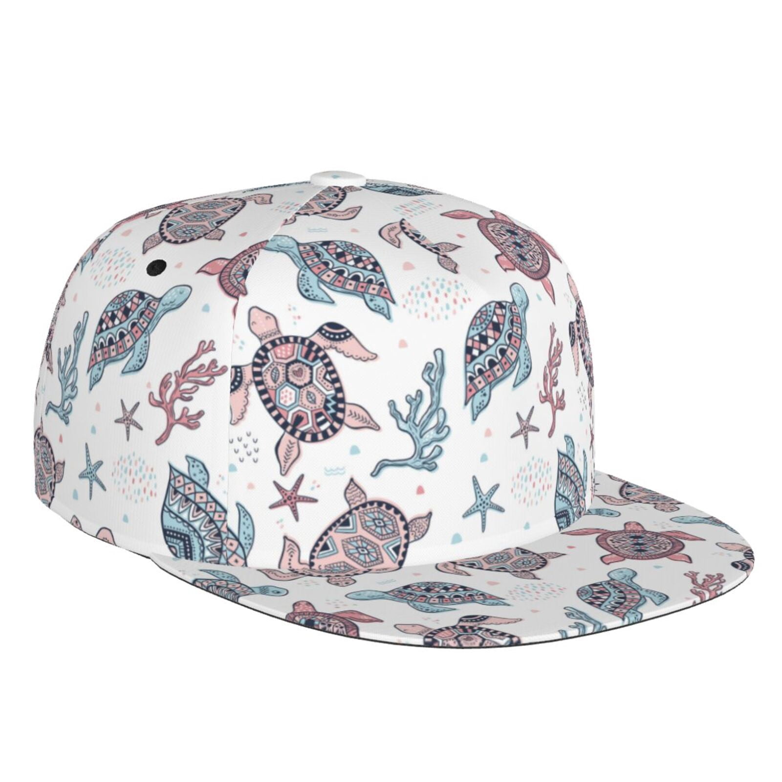 Flat Bill Baseball Cap - Tribal style turtle Adjustable Snapback Hat ...
