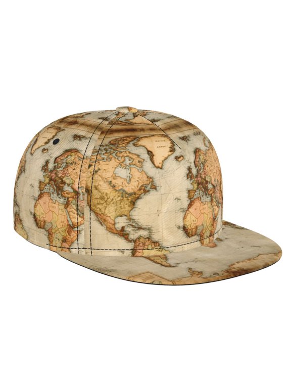 Flat Bill Baseball Cap Vintage Style World Map Hip Hop Snapback Hat for Men Women