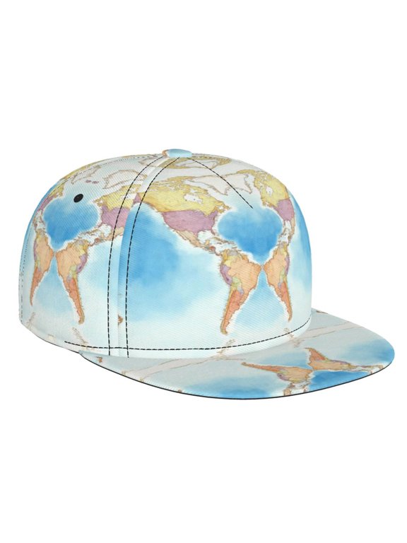 Flat Bill Baseball Cap World Map Hip Hop Snapback Hat for Men Women