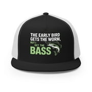 Flat Bill Fishing Hat   The Early Bird Gets the Worm but I Get the Bass   Funny Trucker Hat for Men   Lake Life Hat   Outdoor Fishing Gift Black/ White