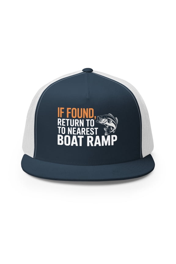 Flat Bill Fishing Hat – If Found Return to the Nearest Boat Ramp – Funny Trucker Hat for Men – Lake Life Hat – Outdoor Fishing Gift – Summer Adventure (Navy/ White)