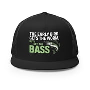 Flat Bill Fishing Hat   The Early Bird Gets the Worm but I Get the Bass   Funny Trucker Hat for Men   Lake Life Hat   Outdoor Fishing Gift Black