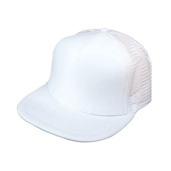 Flat Bill Mesh Cap, 5 Panel Cap w/ flat Bill & Adjustable Snap Closure for Travel, Summer, Work, Casual - 5FBC - White