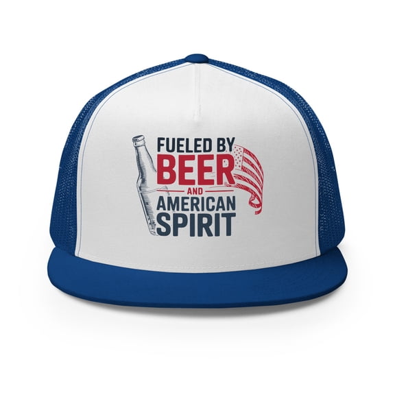 Flat Bill Trucker Cap - Fueled by Beer and American Spirit (Royal/ White/ Royal)