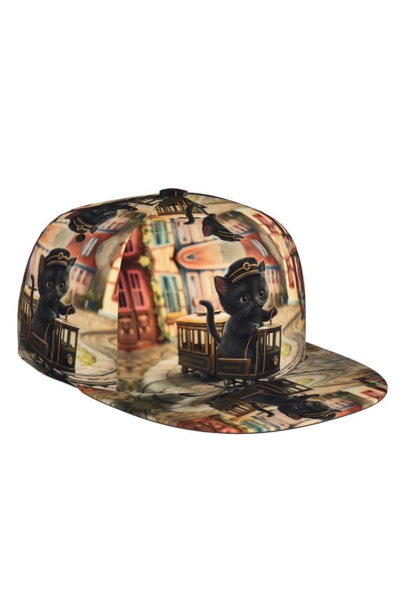 Flat Bill Trucker Hats for Women Men - Adorable Kitten On Mini Train Adjustable Flat Baseball Cap Snapback Hats Dad Hats for Men