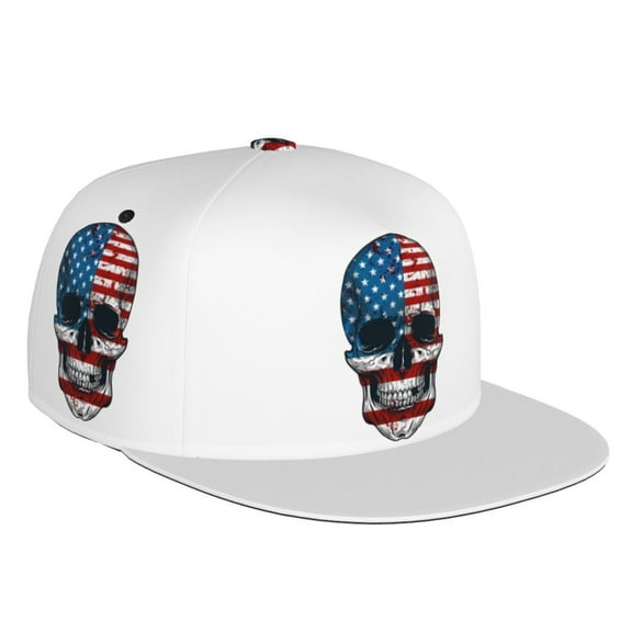 Flat Bill Trucker Hats for Women Men - American Flag Skull Adjustable Flat Baseball Cap Snapback Hats Dad Hats for Men