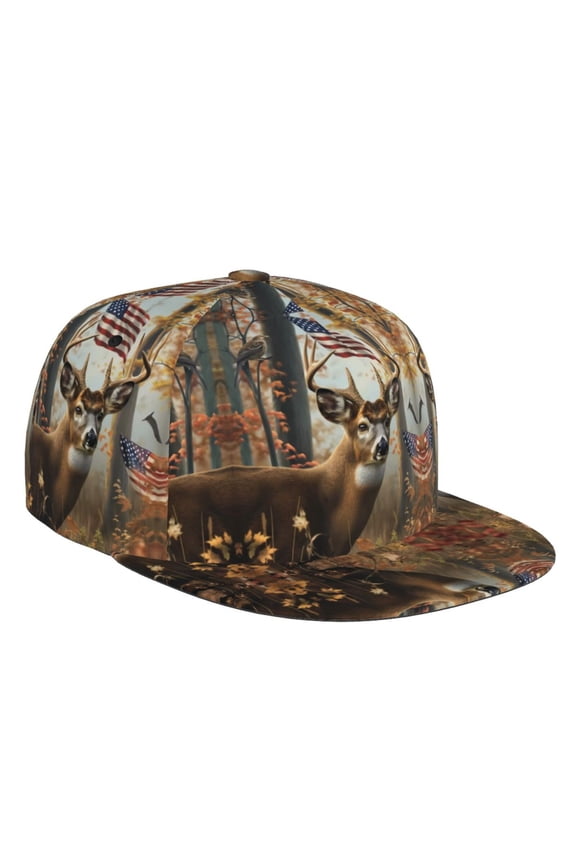 Flat Bill Trucker Hats for Women Men - American Wildlife Deer Forest Adjustable Flat Baseball Cap Snapback Hats Dad Hats for Men