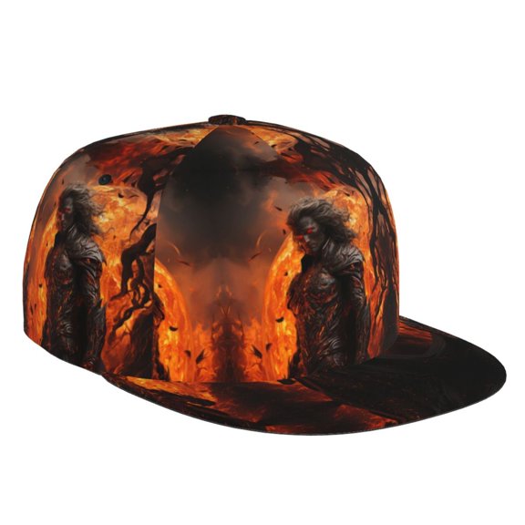 Flat Bill Trucker Hats for Women Men - Angry Fireball Flame Warrior Adjustable Flat Baseball Cap Snapback Hats Dad Hats for Men