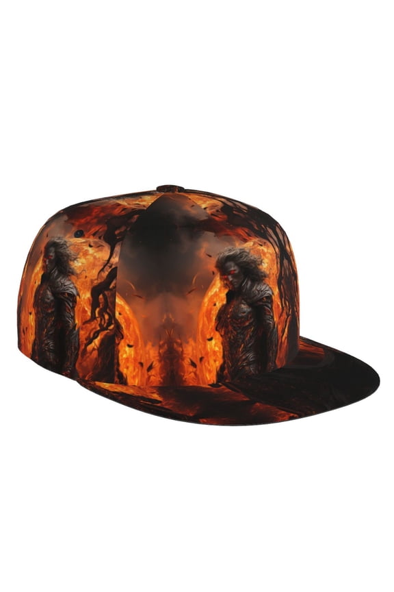 Flat Bill Trucker Hats for Women Men - Angry Fireball Flame Warrior Adjustable Flat Baseball Cap Snapback Hats Dad Hats for Men