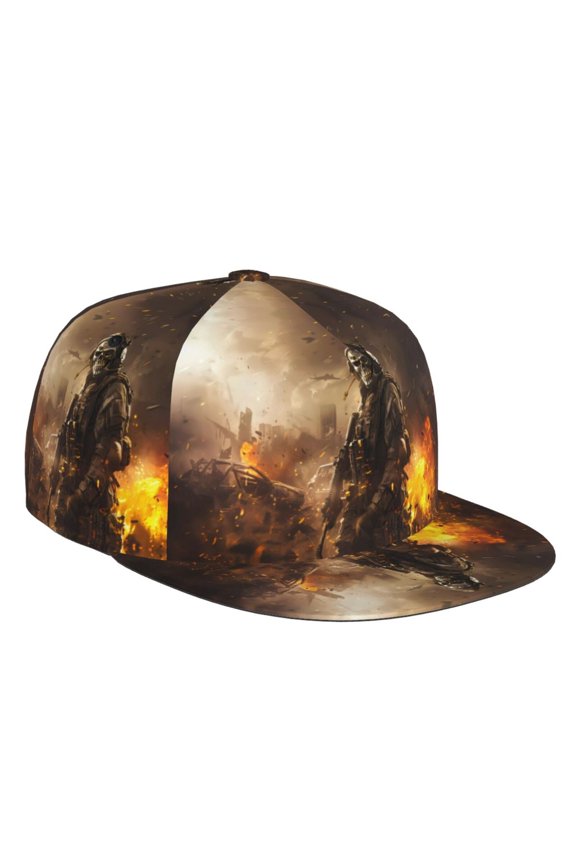 Flat Bill Trucker Hats for Women Men - Apocalyptic Skull Soldier Adjustable Flat Baseball Cap Snapback Hats Dad Hats for Men