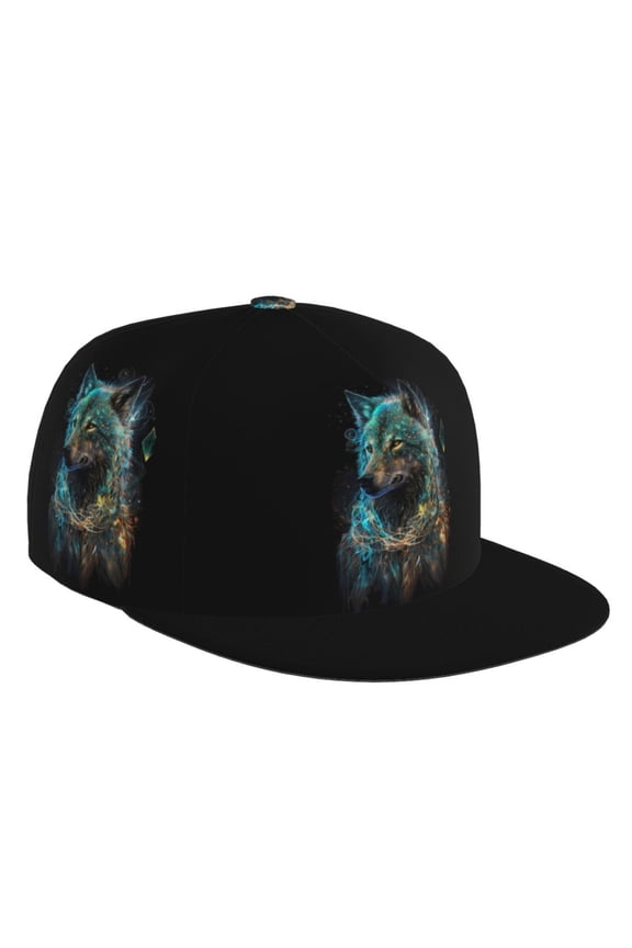 Flat Bill Trucker Hats for Women Men - Artistic Light Dot Wolf Adjustable Flat Baseball Cap Snapback Hats Dad Hats for Men