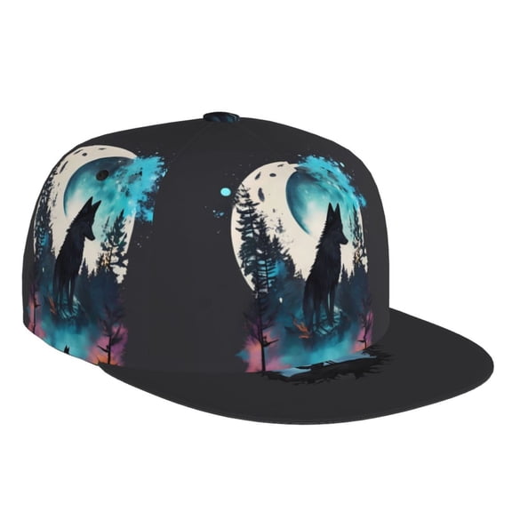 Flat Bill Trucker Hats for Women Men - Artistic Moon Valley Wolf Adjustable Flat Baseball Cap Snapback Hats Dad Hats for Men