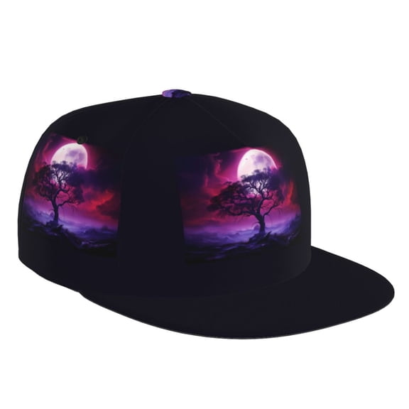 Flat Bill Trucker Hats for Women Men - Artistic Red Purple Cloud Moon.jpg Adjustable Flat Baseball Cap Snapback Hats Dad Hats for Men