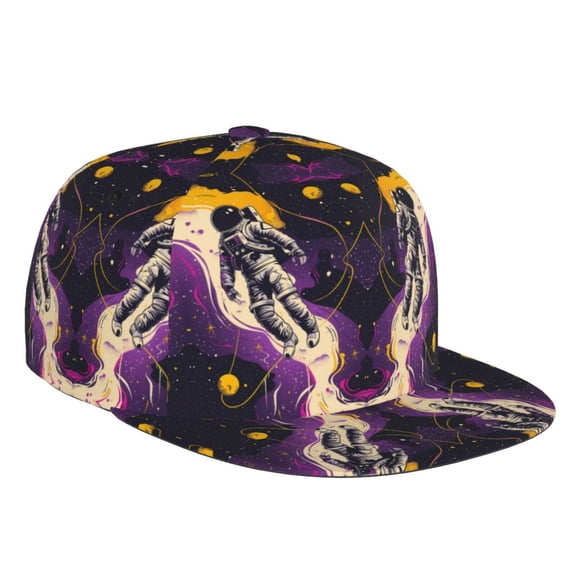 Flat Bill Trucker Hats for Women Men - Astronaut Floating purple Space Adjustable Flat Baseball Cap Snapback Hats Dad Hats for Men
