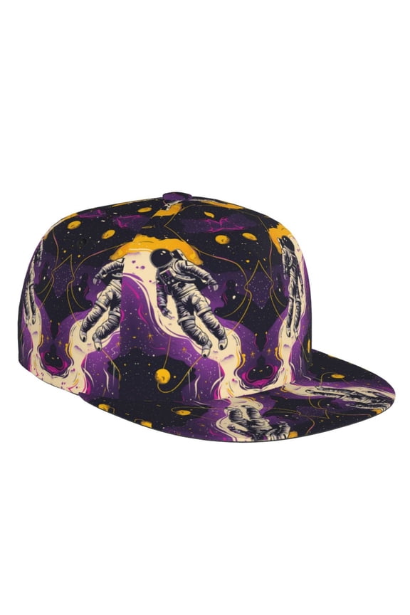 Flat Bill Trucker Hats for Women Men - Astronaut Floating purple Space Adjustable Flat Baseball Cap Snapback Hats Dad Hats for Men