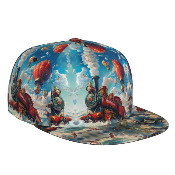 Flat Bill Trucker Hats for Women Men - Beautiful Red Train Hot Air Balloon Adjustable Flat Baseball Cap Snapback Hats Dad Hats for Men