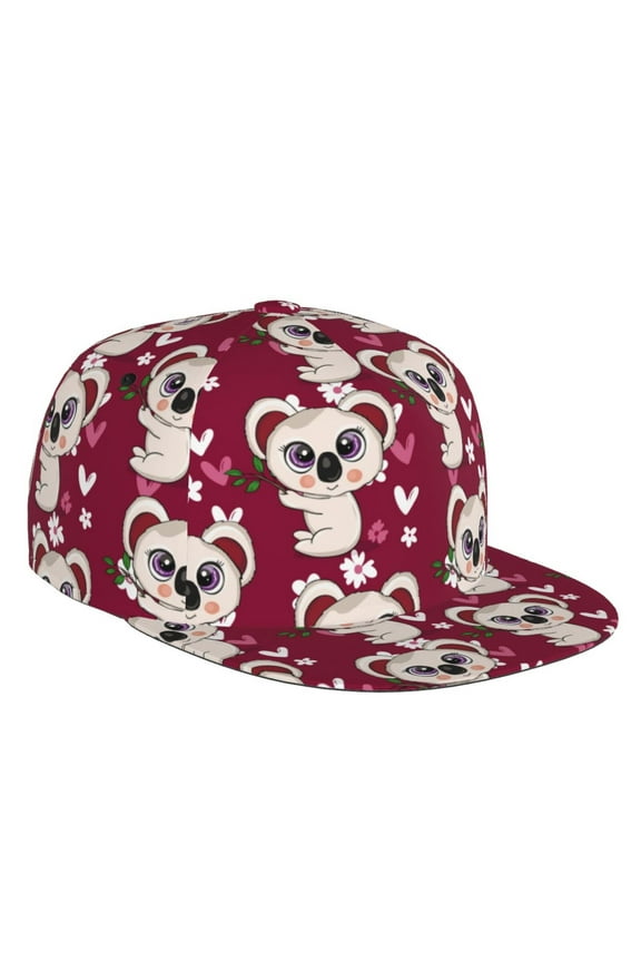 Flat Bill Trucker Hats for Women Men - Big Eyes Koala Burgundy Adjustable Flat Baseball Cap Snapback Hats Dad Hats for Men