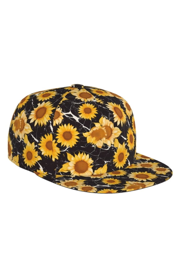 Flat Bill Trucker Hats for Women Men - Black Marble Pattern Sunflower Adjustable Flat Baseball Cap Snapback Hats Dad Hats for Men