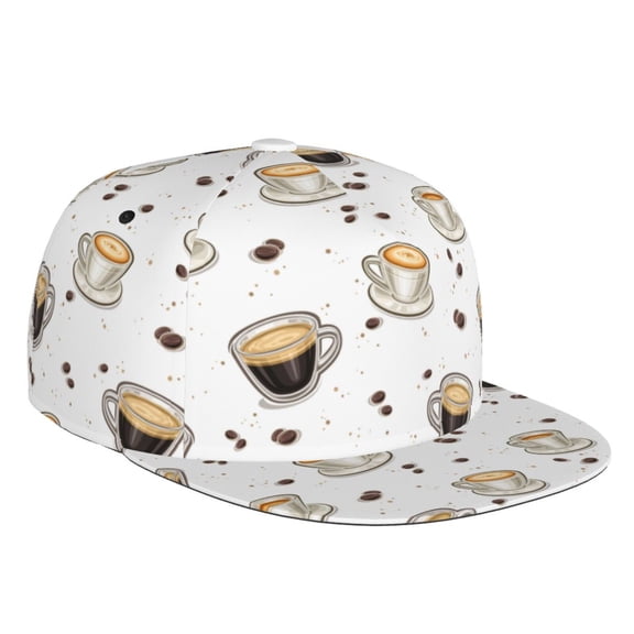 Flat Bill Trucker Hats for Women Men - Black White Cup Coffee Print Adjustable Flat Baseball Cap Snapback Hats Dad Hats for Men