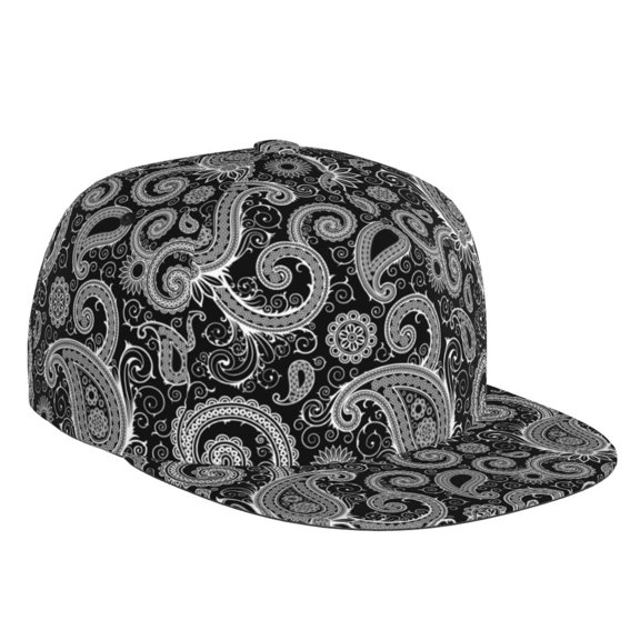 Flat Bill Trucker Hats for Women Men - Black White Indian Paisley Adjustable Flat Baseball Cap Snapback Hats Dad Hats for Men