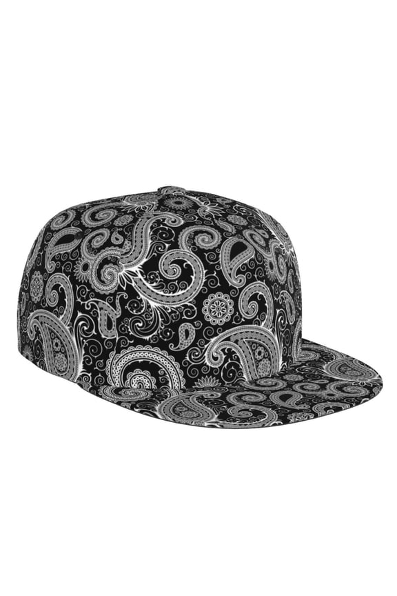 Flat Bill Trucker Hats for Women Men - Black White Indian Paisley Adjustable Flat Baseball Cap Snapback Hats Dad Hats for Men