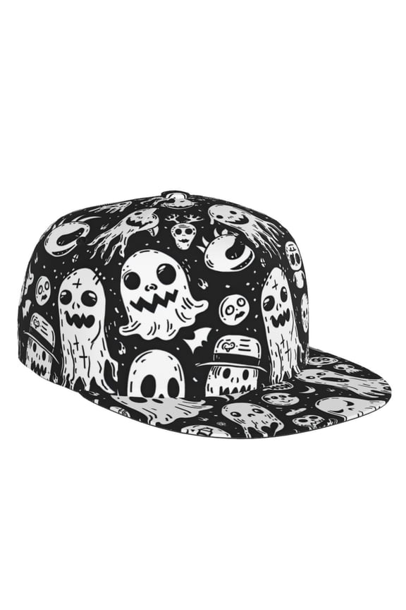 Flat Bill Trucker Hats for Women Men - Black White Spooky Ghosts Adjustable Flat Baseball Cap Snapback Hats Dad Hats for Men