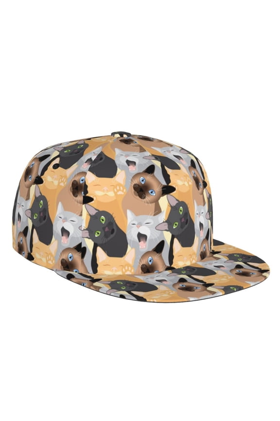 Flat Bill Trucker Hats for Women Men - Black red Siamese gray cats Adjustable Flat Baseball Cap Snapback Hats Dad Hats for Men