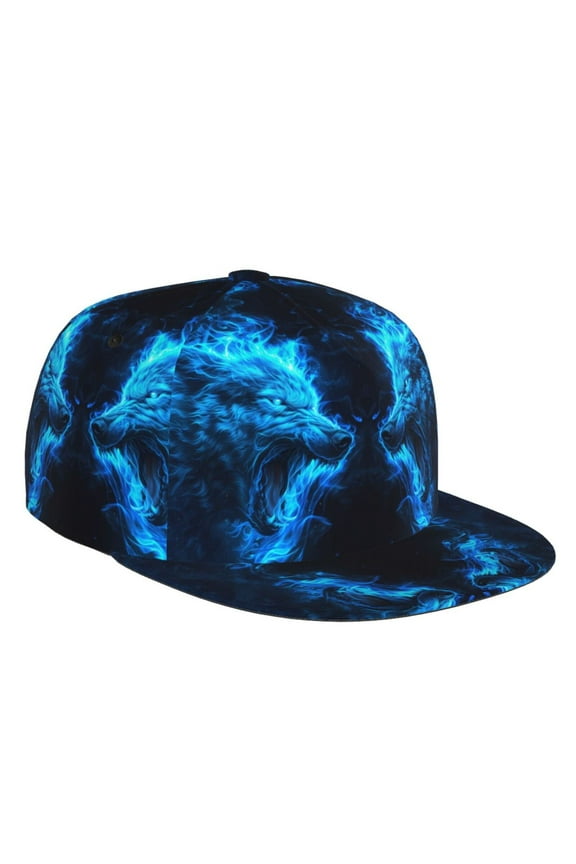 Flat Bill Trucker Hats for Women Men - Blue Fire Wolf Adjustable Flat Baseball Cap Snapback Hats Dad Hats for Men