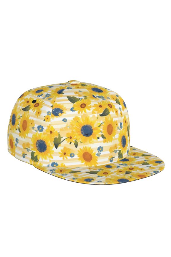 Flat Bill Trucker Hats for Women Men - Blue Floral Sunflower Adjustable Flat Baseball Cap Snapback Hats Dad Hats for Men