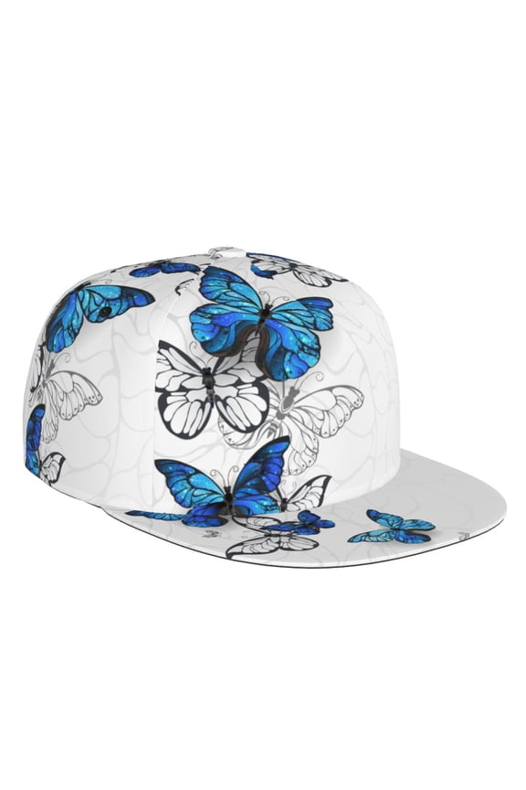 Flat Bill Trucker Hats for Women Men - Blue Flying Butterflies Adjustable Flat Baseball Cap Snapback Hats Dad Hats for Men