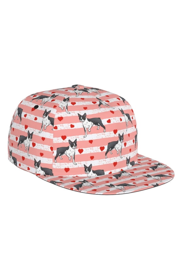Flat Bill Trucker Hats for Women Men - Boston Terrier hearts pink stripe Adjustable Flat Baseball Cap Snapback Hats Dad Hats for Men