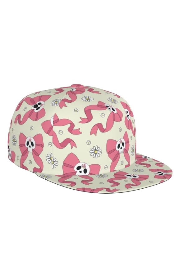 Flat Bill Trucker Hats for Women Men - Bow With Sugar Skull Adjustable Flat Baseball Cap Snapback Hats Dad Hats for Men